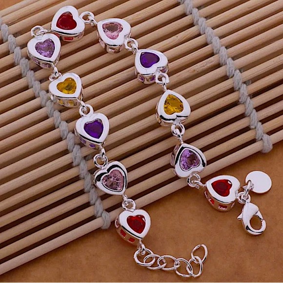 Sterling Silver Heart Multicolor Gemstone 925 Stamped Bracelet - Picture 2 of 12
